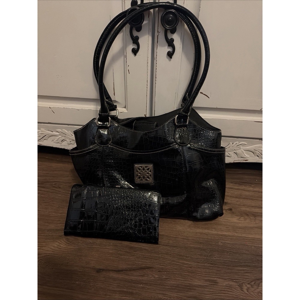 Unbranded Black Crocodile Embossed Handbag And Wallet With Silver Heart Accents